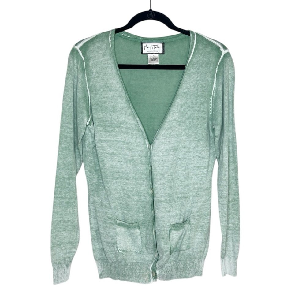 Mary McFadden 100% Cotton Faded Green Button Front Cardigan with Pockets size 8